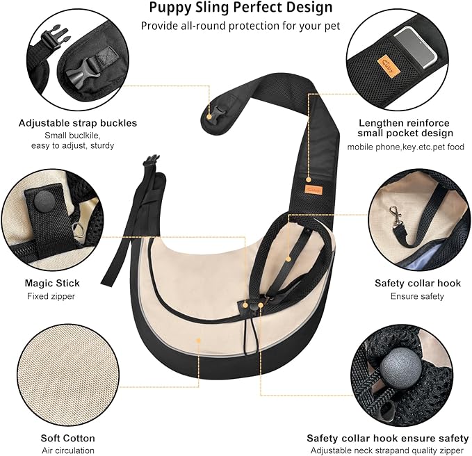 Cuby Pet Sling Carrier for Small Dogs Cats,Drawstring & Zipper Security Hook Triple Design for Pets' Securty Dog Bag,Breathable Travel Pet Puppy Sling Carrier with Adjustable Strap(Beige,M(5-9.5 lbs))
