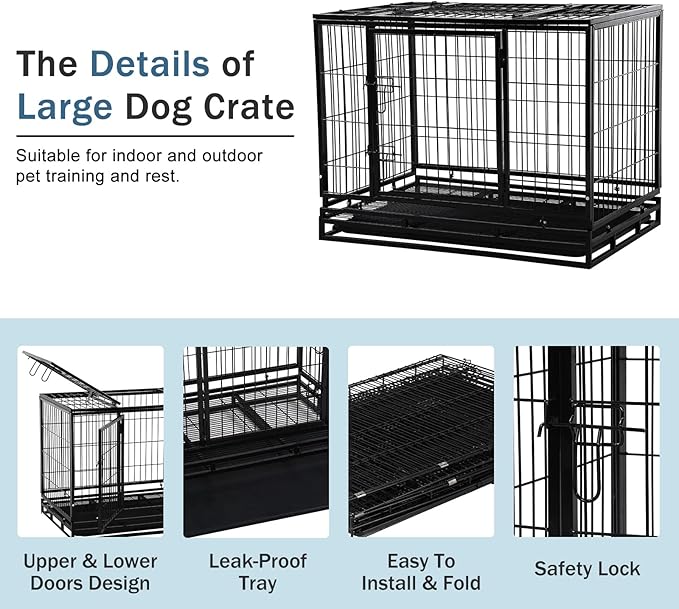 42'' Heavy Duty Dog Crate for Large Dogs Double Doors & Locks Design Escape Proof Strong Metal Dog Cage with Wheels, Indoor Large Dog Crate Heavy Duty Stackable Dog Kennel with Tray