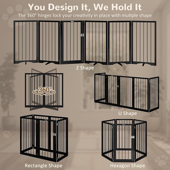 32” Extra Tall Freestanding Dog Gate, Foldable Gates for Dogs Indoor with Door, 6-Panel Dog Fence with Support Feet for Stability, Folding Dog Gates for Doorways Extra Wide No Drilling 106"x32"