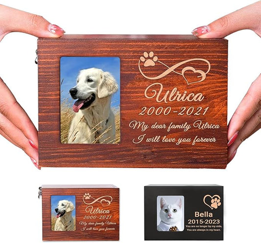 Custom Pet Wood Urn with Name Date and Text,Personalised Wood Pet Urn/Ashes Casket with Photo Slot and Engraving,Custom Pet Urn Souvenir Wood Box for Dog Cat Rabbit and Bird (Engrave)