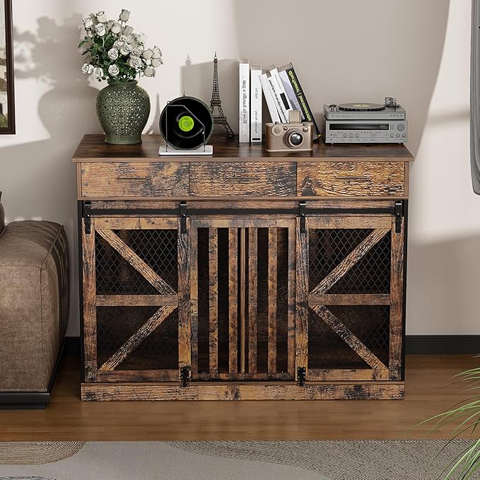 48'' Dog Crate Furniture with Divider&Storage Drawers, Wooden Double Dog Kennel Furniture End Table with Sliding Barn Doors, White Double Dog Crate TV Stand