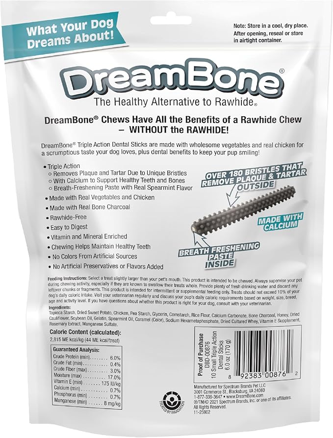 DreamBone Triple Action Dental Sticks Charcoal, 10 Count, Rawhide-Free Chews for Small and Medium Sized Dogs Freshens Breath