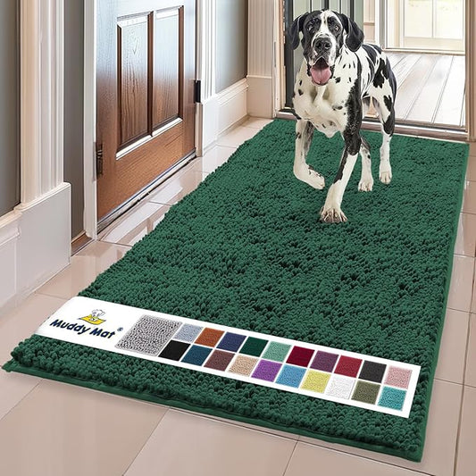 Muddy Mat® | Super Absorbent Door Mat Indoor, Microfiber Quick Dry Chenille Entryway Rug, Non-Slip Front Door Mat, Indoor Mats for Entryway, Machine Washable Pet Rug, Dark Green 24" x 72"