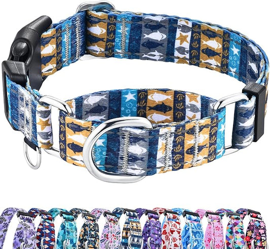 Reflective Martingale Collar with Buckle Shark Starfish Ethnic Stripe Adjustable Designer Dog Collars (Underwater World, XSmall)