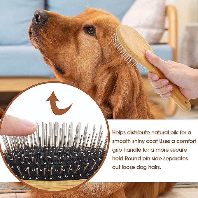 Dog Grooming Brush - 20mm Stainless Steel Round Pins, Bamboo Handle, No Scratch Brush for All Hair Types (1Pc)