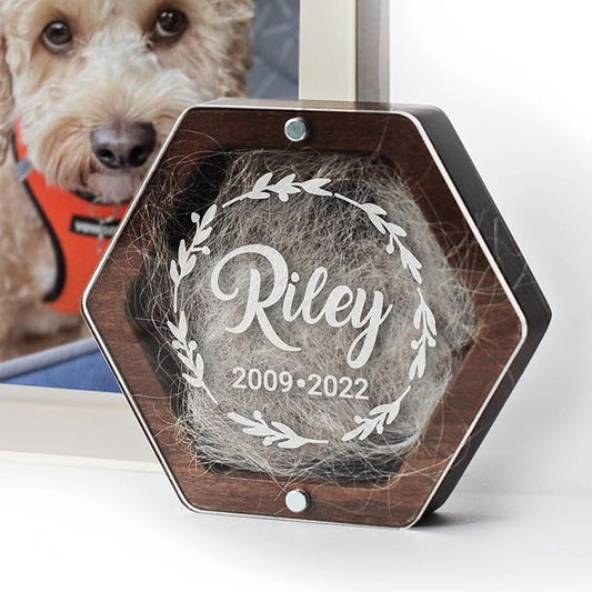 Personalized Pet Hair Keepsake Box for Dog and Cat Fur - Engraved Wood Memorial Box - Unique Customized Gift for Loss of Furry Friend Wooden (Dark Diamand Clear Lid)