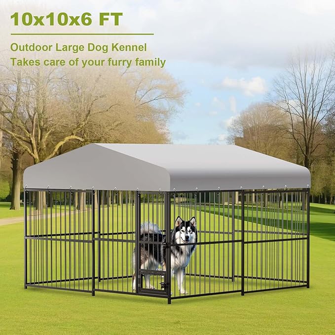 Garvee 10x10x6 FT Outdoor Dog Kennel, Dog Enclosures Outside with UV-Resistant Waterproof Roof Cover and Lock,for Medium and Large Dogs,Easy Assembly