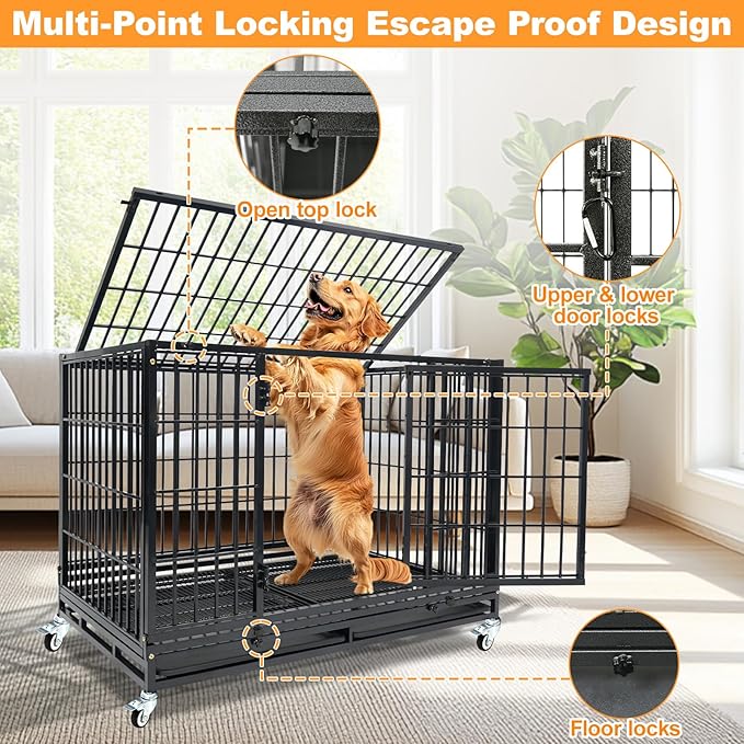 Homey Pet Heavy Duty Dog Crates for Large Dogs, 47 Inch Stackable Large Dog Crate Cage with 4 Wheels, 2 Removable Trays and Grids, 2 Bowls, Multi Locks Strong & Solid Escape Proof Dogs Kennel Indoor