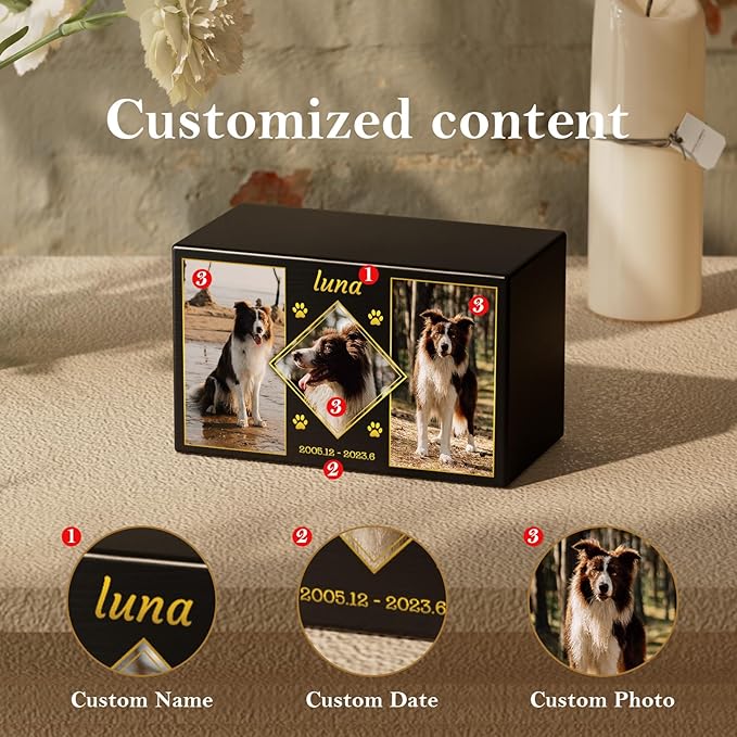 Bemaystar Personalized Pet Urns for Dogs Ashes Medium - Custom Pet Memorial Box with Photo, Pet Cremation Urn Box, Wood Keepsake Urn for Pet Cremation, Sympathy Gift for a Pet Weight of Up to 70 lbs