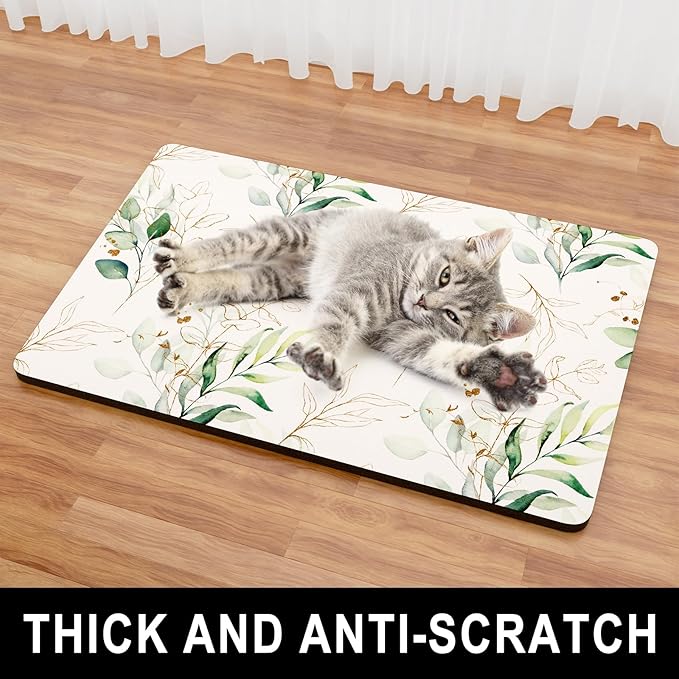 Dog Food Mat, 12" x 19" Minimalism Absorbent Dog Cat Bowl Mat for Food and Water, Cute Anti-Slip Rubber Pet Feeding Rug Protect Floors, Placemat for Feeding & Watering Supplies, Leaf