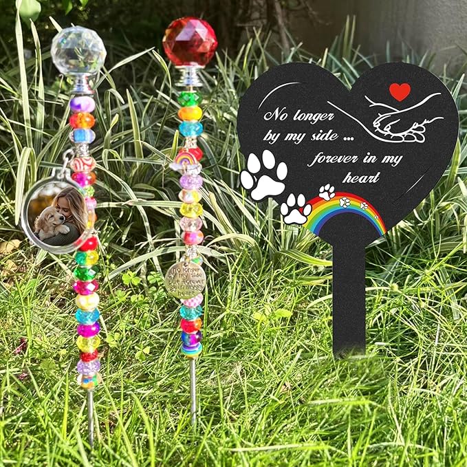 Andthen Dog Memorial Grave Stakes with 2 Memorial Plant Sticker - Metal Pets Lover Cemetery Markers Decorations for Humans Heart Plaques Decor for Outdoor Garden