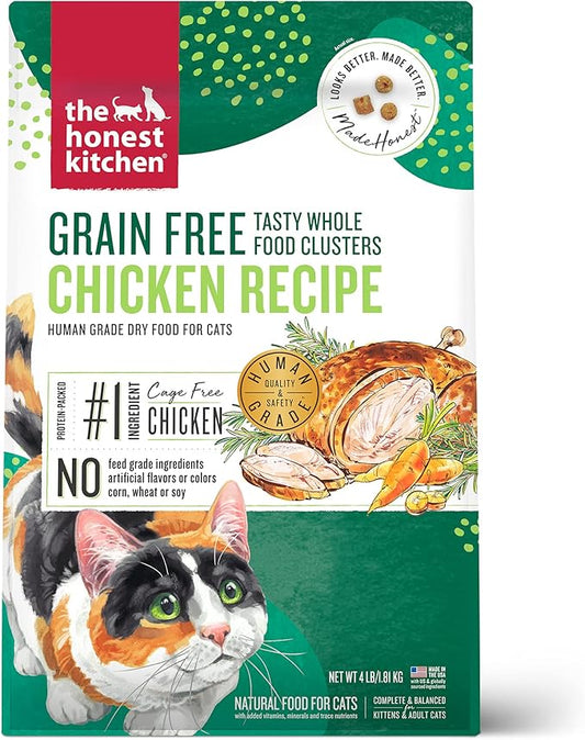 The Honest Kitchen Human Grade Whole Food Clusters Grain Free Chicken Dry Cat Food - Complete & Balanced Meal or Topper - 4 lb Bag
