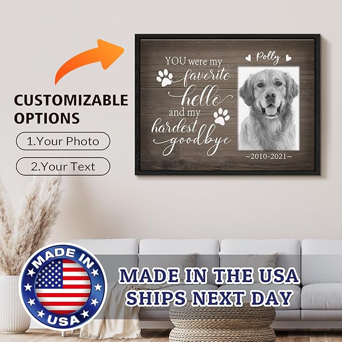 Custom Pet Memorial Gifts for Loss of Dog Cat, Personalized Pet Photo Canvas with Frame for Pet Dog Cat Lovers, Wall Art Home Decor with Name and Text, Customized Pet Loss Sympathy Gifts