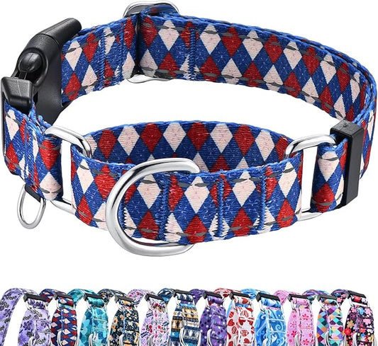 Reflective Martingale Dog Collar with Buckle Soft Nylon Geometric Patterns Pet Collars for Large Dogs (Argyle, L)