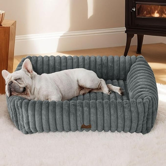 Bedsure ComfyFleece™ Washable Dog Bed for Medium Dogs - Cute Furry Puppy Beds, Rectangle Orthopedic Corduroy Fleece Pet Beds with Removable Zipper Cover, 30x24x8inches, Warm Grey