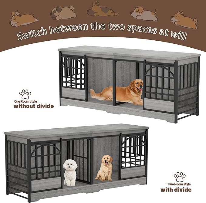 COZPAW 78 Inch Double Dog Crate Furniture, Extra Large Dog Kennel Indoor for 2 Dogs, Heavy Duty Dog Cage with Divider, Wooden Dog House Decorative Table TV Stand for XLarge Dogs (Grey)