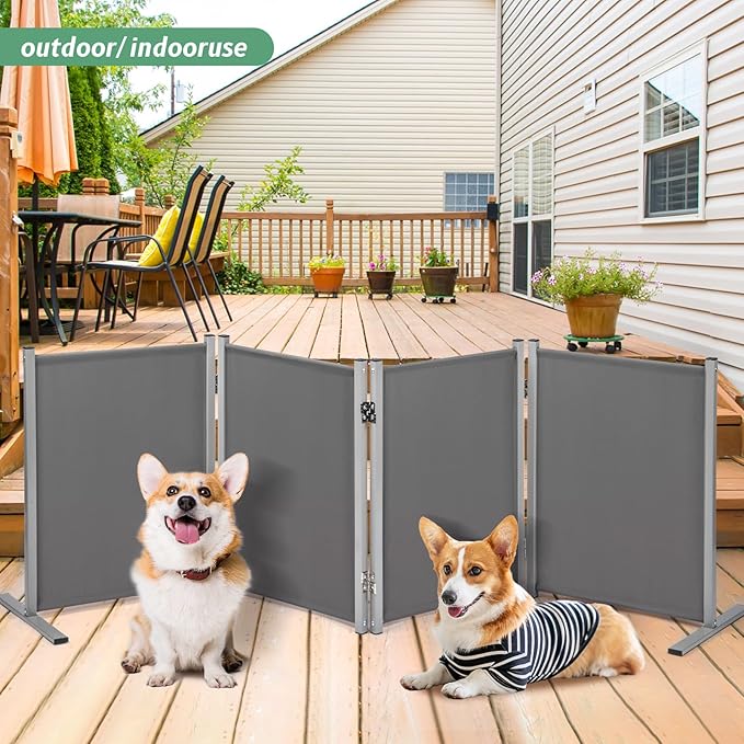 RANTILA 4 Panel Indoor Foldable Dog Fence Freestanding Dog Gate for Stairs, Hallways, or Doorways for Small Dogs- 68 X 24 Inch, Grey, Need Assembly