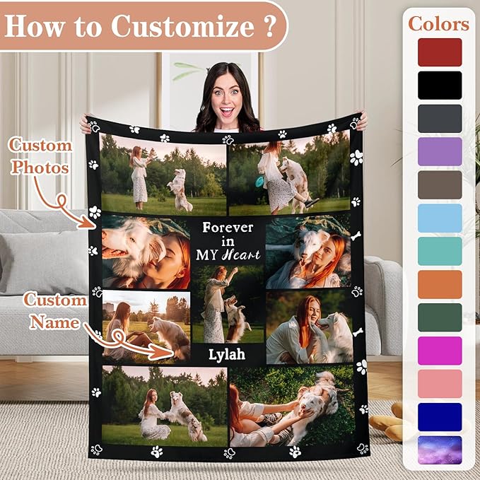 Pet Memorial Blanket Gift - Personalized Dog Memorial Blanket with Photo Name, Pet Sympathy Gifts for Dogs Lovers, Custom Loss of Dog Grief Blankets, Pets Remembrance Bereavement Gifts (9 Photos)