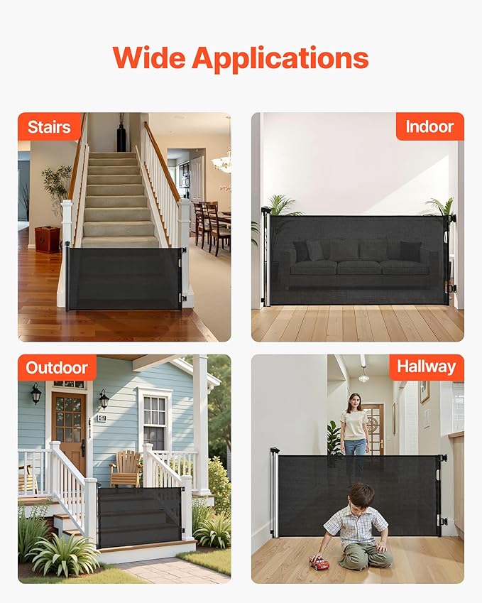 VEVOR Retractable Baby Gate, Extends to 72.8 inch Wide, 31.3 inch Tall, with Security Lock, Easy to Use, Walk Through Without Tripping, Mesh Dog Gate for Stairs, Hallways, Indoor/Outdoor, Black