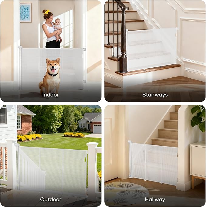 Retractable Baby Gate for Stairs, 42" Tall X 150" Wide Mesh Dog Gate Indoor, Child Gate for Doorways, Hallways, Deck, Indoor Outdoor Pet Baby Safety Essentials for Home, White
