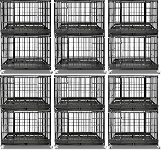 Homey Pet Heavy Duty Dog Crates for Large Dogs, 47 Inch Stackable Large Dog Crate Cage with 4 Wheels, 2 Removable Trays and Grids, 2 Bowls, Multi Locks Strong & Solid Escape Proof Dogs Kennel Indoor