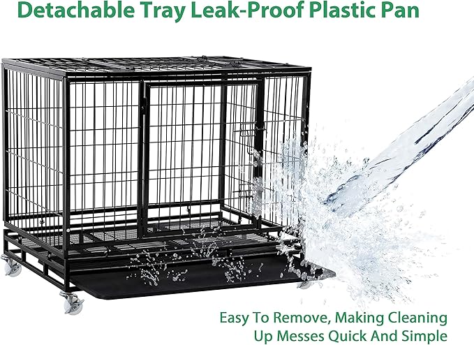 36'' Heavy Duty Dog Crate for Medium and Large Dogs Double Doors & Locks Design Escape Proof Strong Metal Dog Cage with Wheels, Indoor Large Dog Crate Heavy Duty Stackable Dog Kennel with Tray