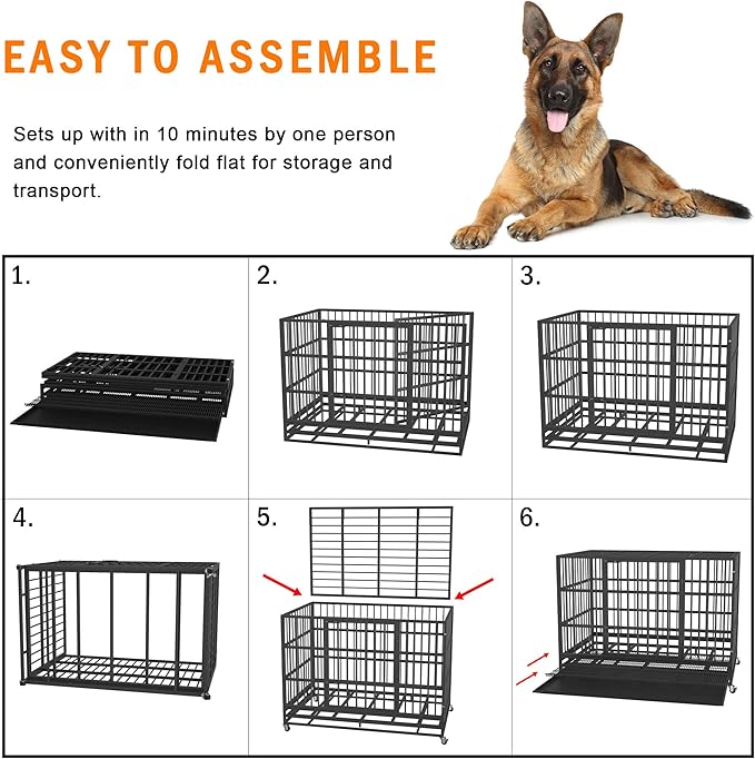 48 Inch Heavy Duty Dog Crate for Large Dogs, Indestructible Escape Proof Steel Kennel with Wheels for High Anxiety Dogs, Sturdy Locks Double Door and Removable Tray, Extra Large XL XXL