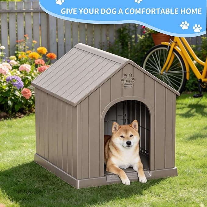DRATO Indoor & Outdoor Dog Houses, Resin Material Dog House with Waterproof Roof and Raised Floor Design(Gray