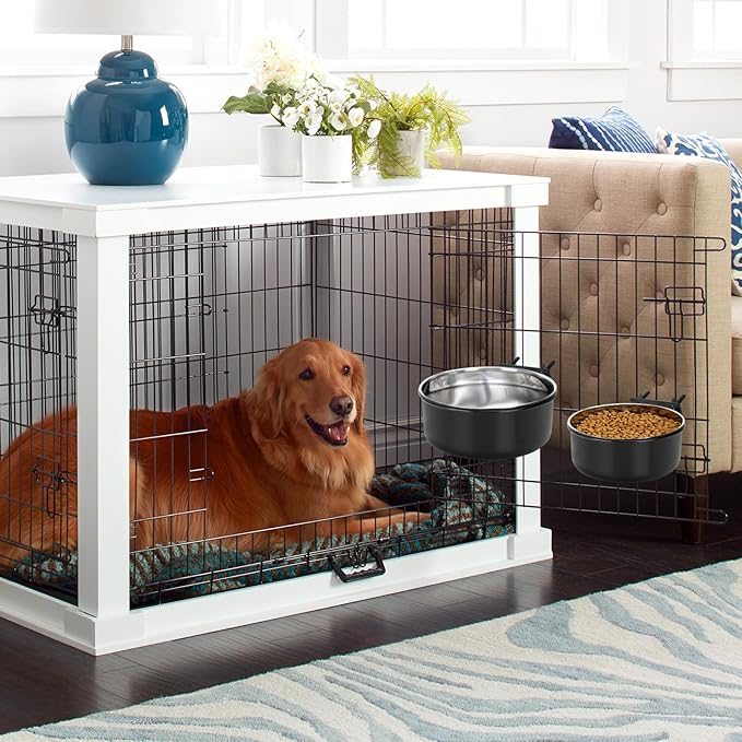 Crate Dog Bowls, Removable Stainless Steel Dog Bowl for Food and Water, Pet Kennel Hanging Food Water Feeder Station for Small/Medium/Large Pets, (7.1"x2.6" & 6.3"*2.4", Black)
