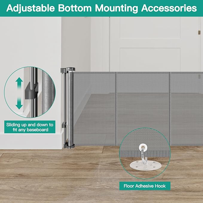 24 Inch Tall x 150 Inch Extra Wide Retractable Dog Gate for The House, Short Baby Gate to Step Over, Reinforced Mesh Puppy Gate for Doorways, Step Over Pet Gate for Stairs, Indoor/Outdoor, Gray