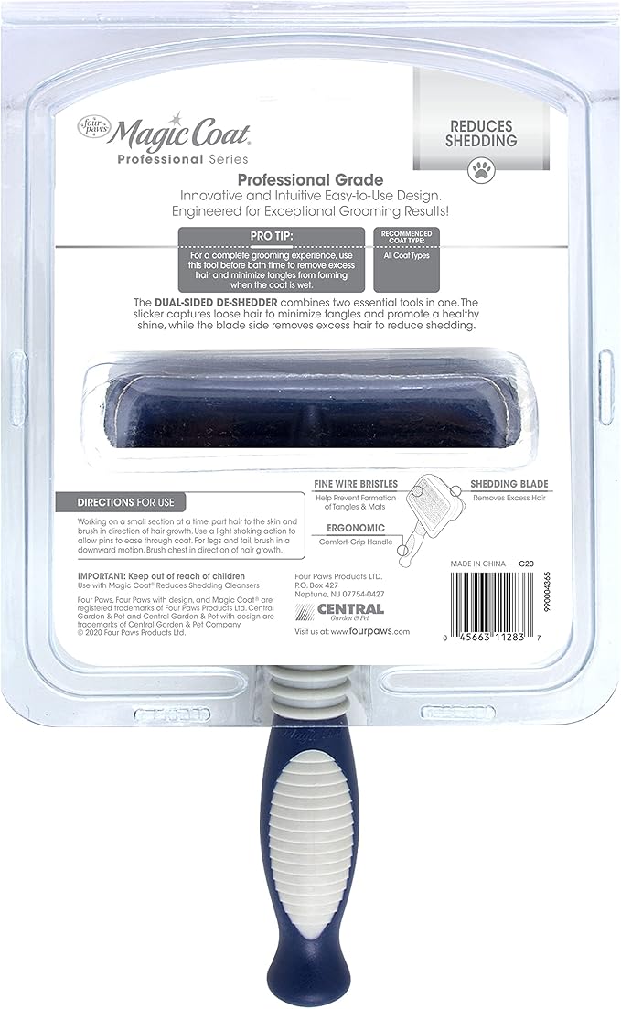 Four Paws Professional Series Grooming Brushes for Dogs & Cats, 2-in-1 Slicker Brush and Shedding Blade, Rubberized Handle, All Coat Types, Available in 3 Sizes
