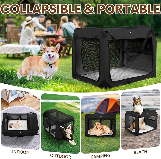 X-ZONE PET Dog Crate 3-Door Kennel, Collapsible Portable Soft Sided Pet Carriers for Indoor & Outdoor, Multiple (32-Inch, Carbon Black)