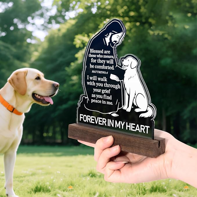 Dog Memorial Gifts for Loss of Dog – Exclusive Jesus Comforting Dogs Figurine with Bible Verse Matthew 5:4, Unique Pet Loss Sympathy Gifts, Pet Remembrance Keepsake with Walnut Wood Base for Dogs Memory Gift 6.7 x 5.9 Inch