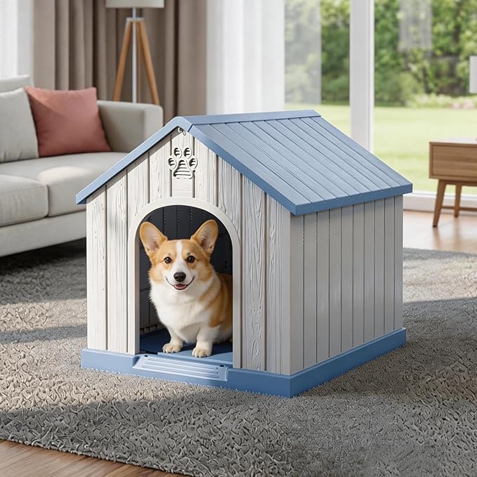 DRATO Indoor & Outdoor Dog Houses, Resin Material Pet Shelter with Waterproof Feature and Ventilated Design,Blue