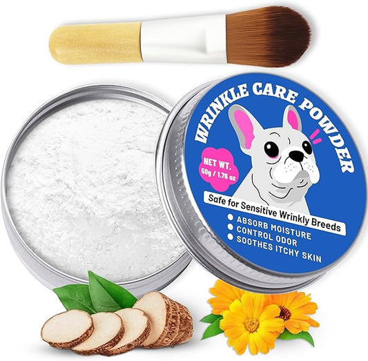 Bulldog Wrinkle Care Powder - Moisture & Odor Control Absorb Tears - Natural Soothing Formula with Arrowroot & Calendula - for Face Wrinkles, Skin Folds, Tail Pockets & Butt, with Face Brush- 50 g