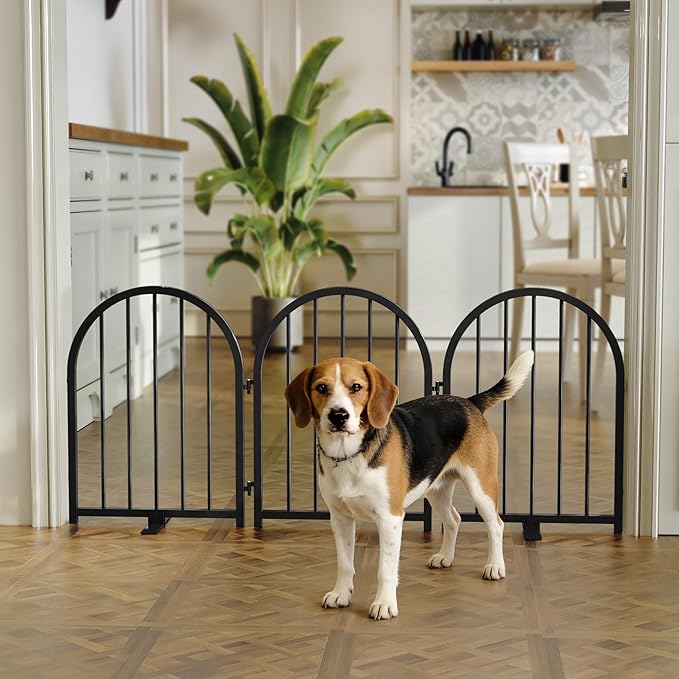 Full Metal Dog Gate for Indoor Outdoor, 24" Tall Free Standing Pet Dog Fence, 54" Wide Arched Pet Gates for Stairs, Hallways, Doorways, Kitchen, Decks, Yards (Black, 3 Panels)
