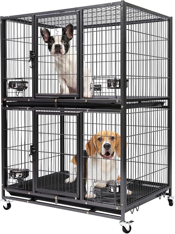 Homey Pet Two Tiers 37 Inch Dog Crate Cage Kennel with Feeding Door and Bowls, Lockable Wheels and Removable Tray, Escape Proof Metal Wire Heavy Duty Dog Crates for Medium/Small Sized Dogs (3 Pack)