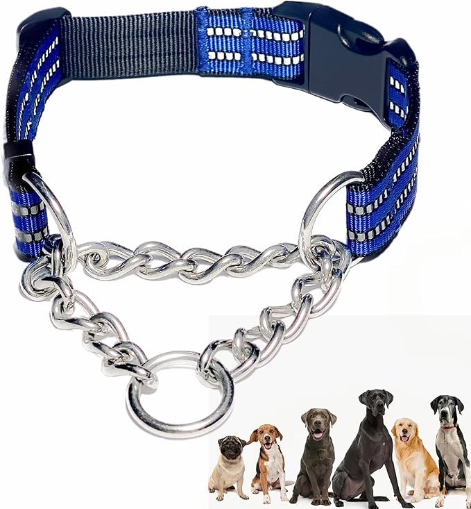 Martingale Collars for Dogs, Heavy Duty Stainless Steel Chain Training Collar, Reflective Nylon Adjustable Collar with Quick Release Buckle, Suitable for Puppy Medium Large Dogs((Blue, S)