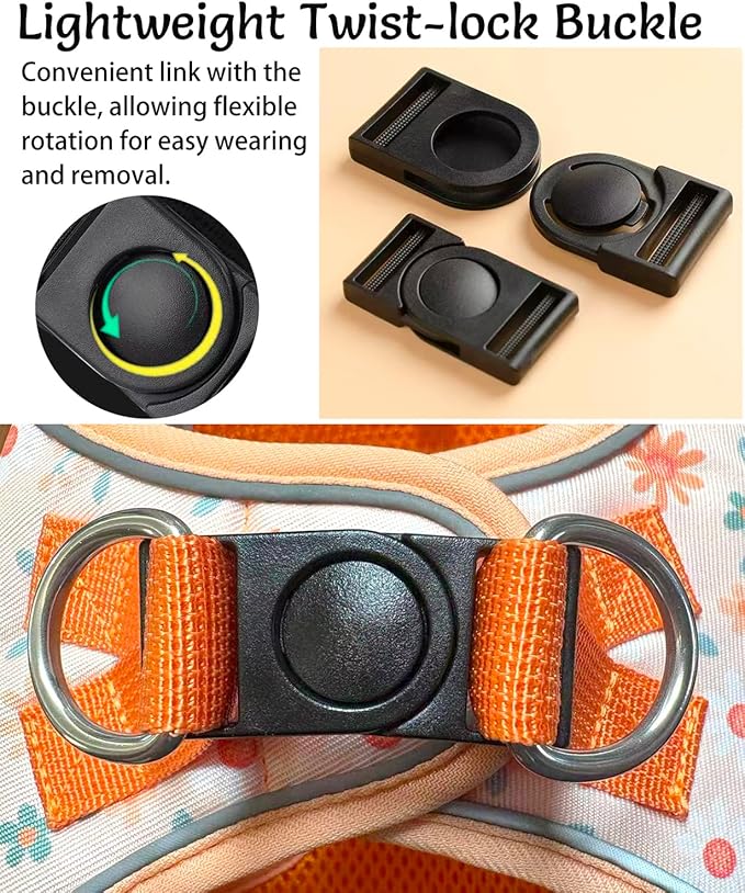 Step in Dog Harness and Leash Set, Reflective Adjustable No Pull Dog Harness for Extra-Small/Small Dogs Puppy and Cats, Soft Padded Mesh Vest Harnesses for Girl and Boy Pets(Orange Floral,XS)