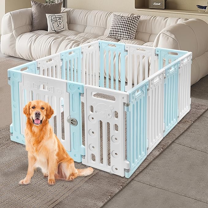 Dog Playpen with Door, 12 Panels Pet Safety Fence Foldable Puppy Pen Indoor Dog Fence, Plastics Enclosure Dog Pen Indoor for Small Dogs and Cats, Easy Assemble (Blue)