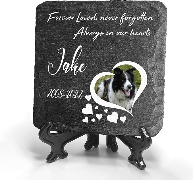 Personalized Individual Square Memorial Plaque + Stand for Pet Cat Dog Slate Stone Frame Paw Grave Marker - Size 3.94" x 3.94" or 100 x 100 mm - Heart Photo