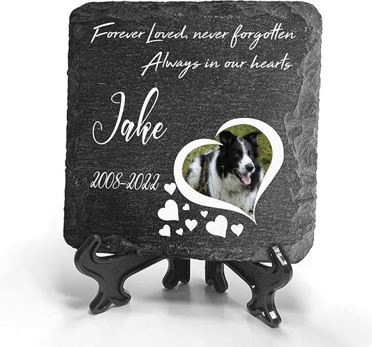 Personalized Individual Square Memorial Plaque + Stand for Pet Cat Dog Slate Stone Frame Paw Grave Marker - Size 3.94" x 3.94" or 100 x 100 mm - Heart Photo