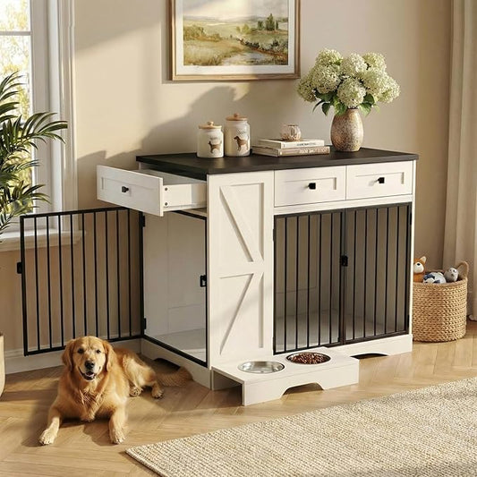 Dog Crate Furniture for Medium Large Dogs, Double-Door Kennel with Removable Bowls, Indoor Wooden Storage Drawers Heavy Duty Dog House Cage