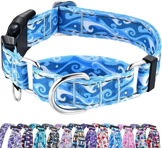 Reflective Martingale Collar with Quick Release Buckle Anti Pulling Boy Male Adjustable Dog Collars (Blue Waves, Large)