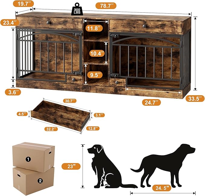 IDEALHOUSE 78.7" Double Dog Crate Furniture with Storage and 2 Doors, Dog Kennel Indoor with Feeding Bowls, Wood Dog Crate TV Stand for Small Medium Dogs, Brown