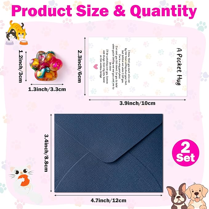 Loss of Pet Sympathy Gift - 2 Pack Colorful Mini Paw Pocket Hug with Memorial Card Envelope Remembrance Bereavement Gift Loss of Dog Cat Sympathy Favor Kid Adult Pet Lover Stress Relief Toy