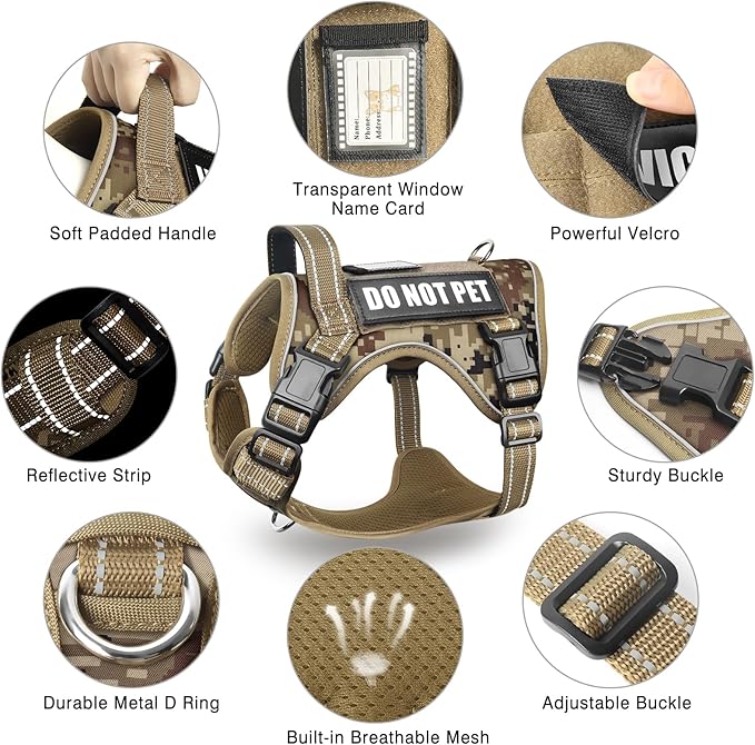 Tactical Dog Harness and Leash Set for Large Dogs,Heavy Duty No Pull Service Dog Vest and 10 Patches with Dog Seat Belt,Reflective Adjustable Pet Harness for Training Walking Hiking Camo L