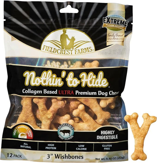 Fieldcrest Farms Nothin' to Hide 3-inch Ultra Wishbones Treats - Natural Rawhide Alternative Treats for Dogs, Collagen Based Snack for Heavy Chewers up to 15lbs - Beef Flavor, 12 Pack