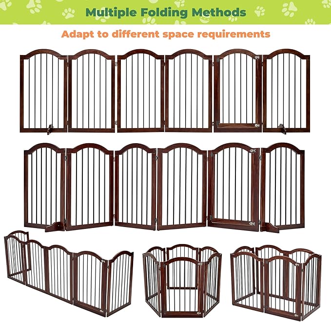 PrimeZone 144" Extra Wide Dog Gate - 6-Panel 30" Tall Solid Acacia Wooden Freestanding Puppy Gates with Door, Foldable Indoor Pet Fence for Doorways, Stairs, Support Feet Included, Brown