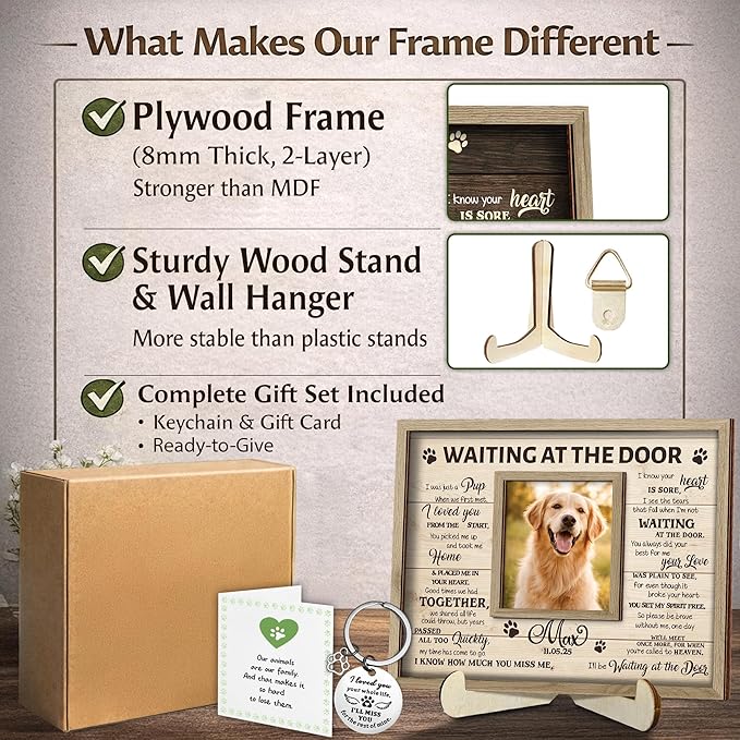 Pet Memorial Gifts for Dogs - Personalized Waiting at The Door Dog Memorial Picture Frame, Engraved Keychain, Pet Sympathy Card - Passed Away Sympathy Gift for Dog Lovers, Bereavement Decor Home